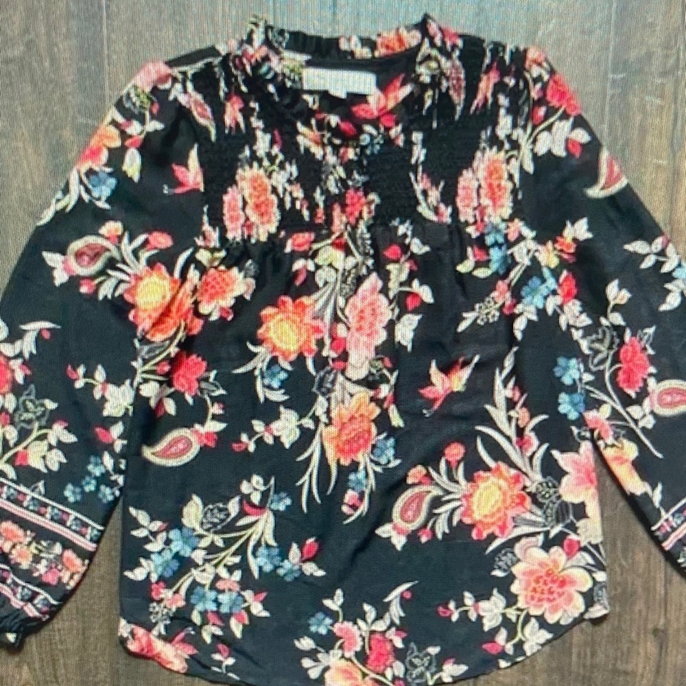 Floral Smocked Neck Black Women's Blouse
